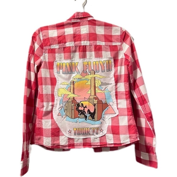 Pink Floyd Hollister pink white plaid small up cycle button down shirt t… - Picture 1 of 6